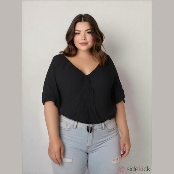 Ava & Viv Womens Top Sz 4X Black Short Flutter Sleeve Ruched Middle V-Neck Knit - Picture 1 of 7